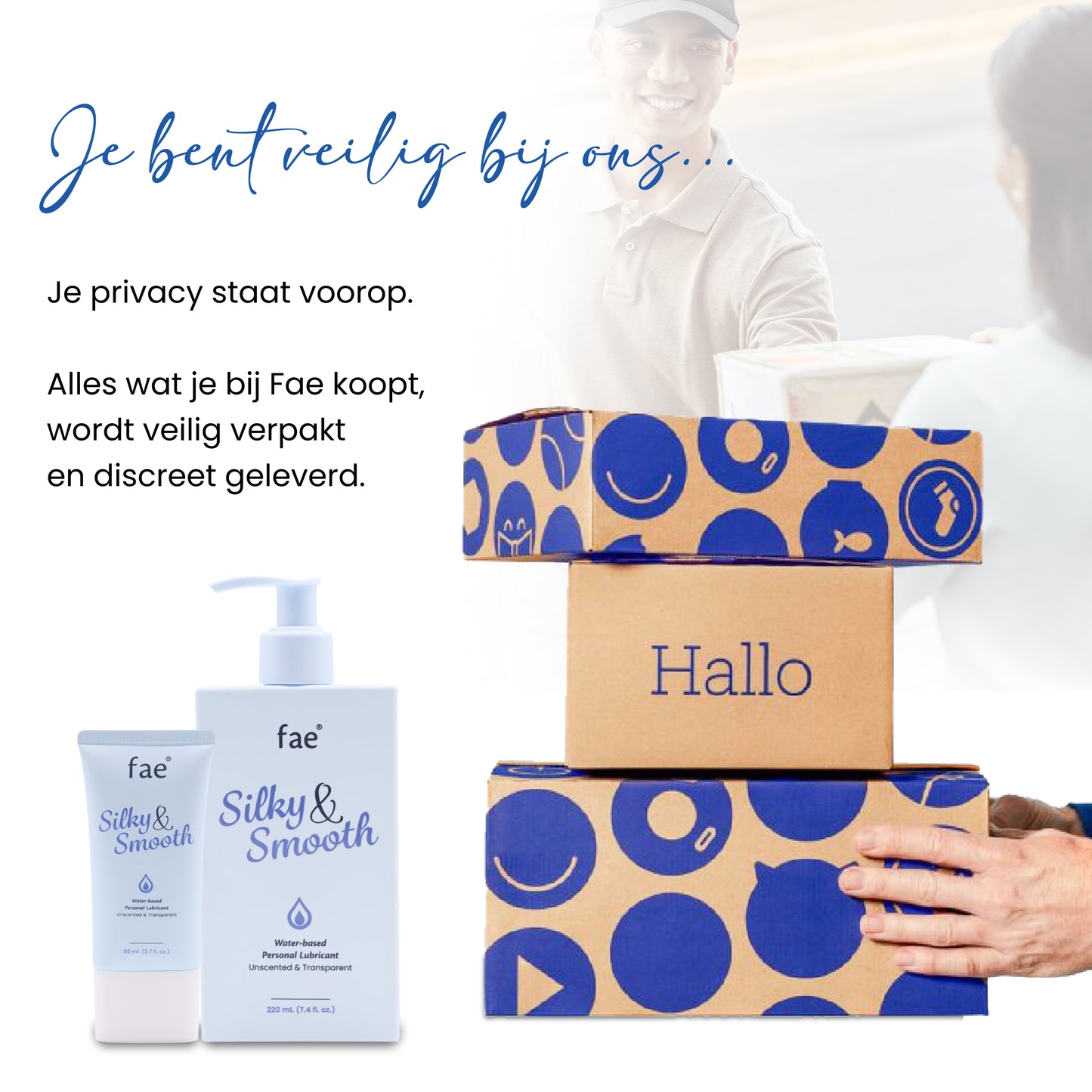 Person holding Fae branded boxes and product with text about privacy and security.