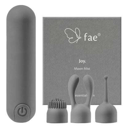 FAE bullet vibrator with three interchangeable attachments and packaging on white background.
