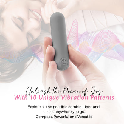 FAE bullet vibrator with power button and indication of 10 different vibration patterns for compact and powerful stimulation.
