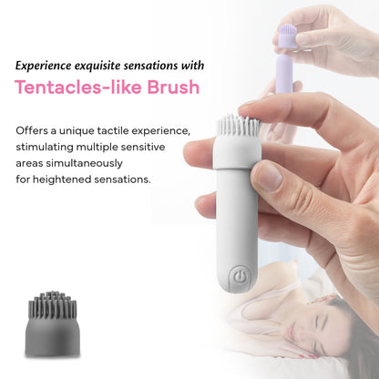 FAE bullet vibrator with interchangeable brush attachment, held in hand, highlighting texture and power button.