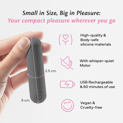 FAE compact bullet vibrator with displayed dimensions for scale and portability.
