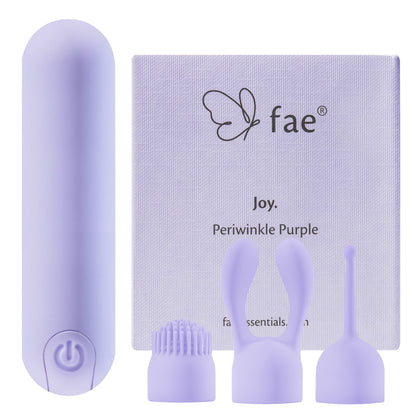 FAE bullet vibrator with three interchangeable attachments and packaging on white background.
