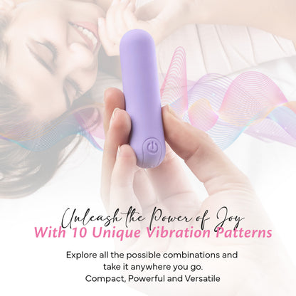 FAE bullet vibrator with power button and indication of 10 different vibration patterns for compact and powerful stimulation.
