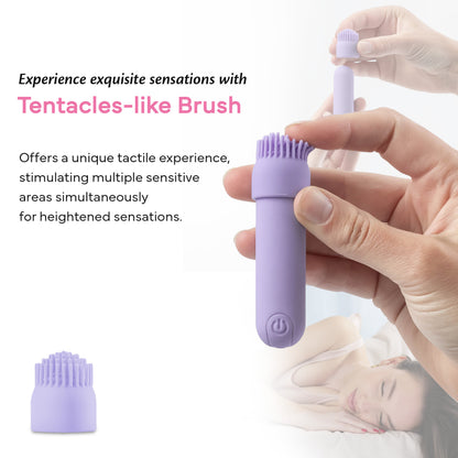 FAE bullet vibrator with interchangeable brush attachment, held in hand, highlighting texture and power button.