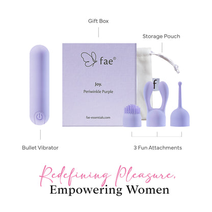 FAE set with bullet vibrator, three attachments, storage pouch, and gift packaging clearly presented.
