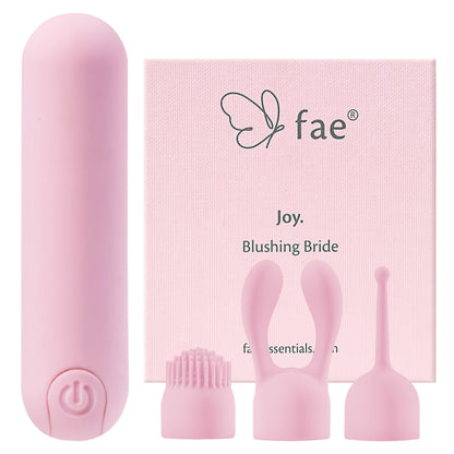 FAE bullet vibrator with three interchangeable attachments and packaging on white background.
