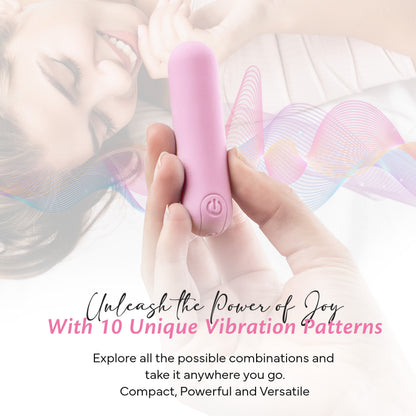 FAE bullet vibrator with power button and indication of 10 different vibration patterns for compact and powerful stimulation.