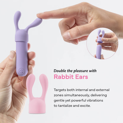 FAE bullet vibrator with dual attachment for simultaneous internal and external stimulation in rabbit-ear shape.