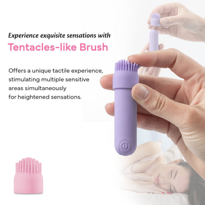 FAE bullet vibrator with interchangeable brush attachment, held in the hand, with focus on texture and on/off switch.