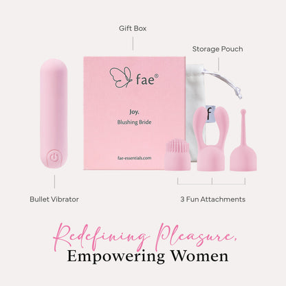FAE set with bullet vibrator, three attachments, storage pouch, and gift packaging clearly presented.
