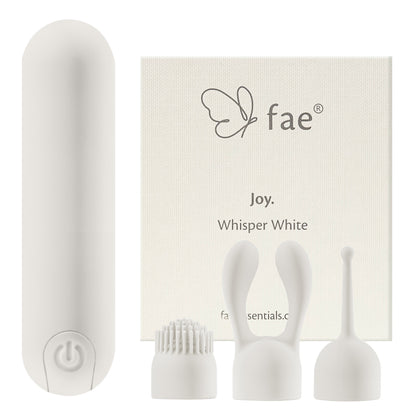 FAE bullet vibrator with three interchangeable attachments and packaging on white background.
