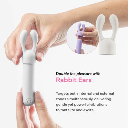 FAE bullet vibrator with dual attachment for simultaneous internal and external stimulation in rabbit-ear shape.
