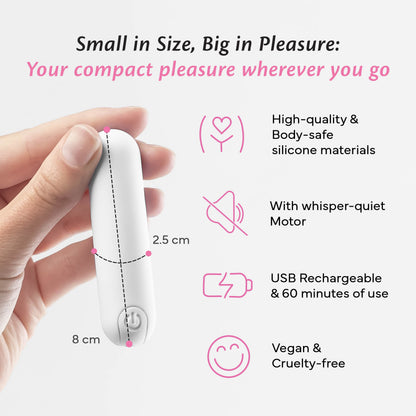 FAE compact bullet vibrator with displayed dimensions for scale and portability.
