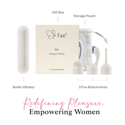 FAE set with bullet vibrator, three attachments, storage pouch, and gift packaging clearly presented.
