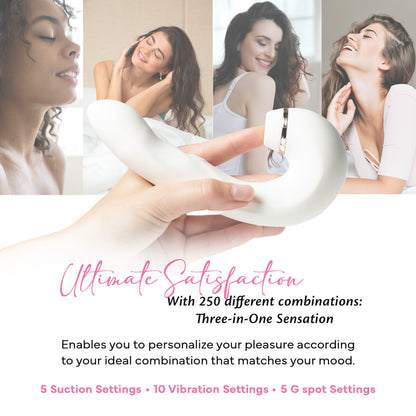 FAE suction vibrator held in the hand, with collage of women expressing relaxation and pleasure, highlighting versatile stimulation and personal user experience.